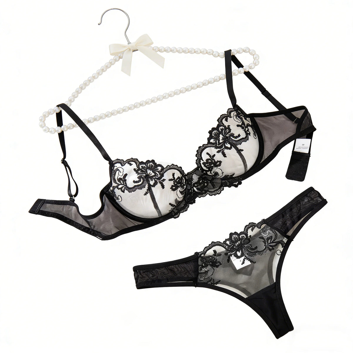 Black Floral Embroidered Lingerie Set