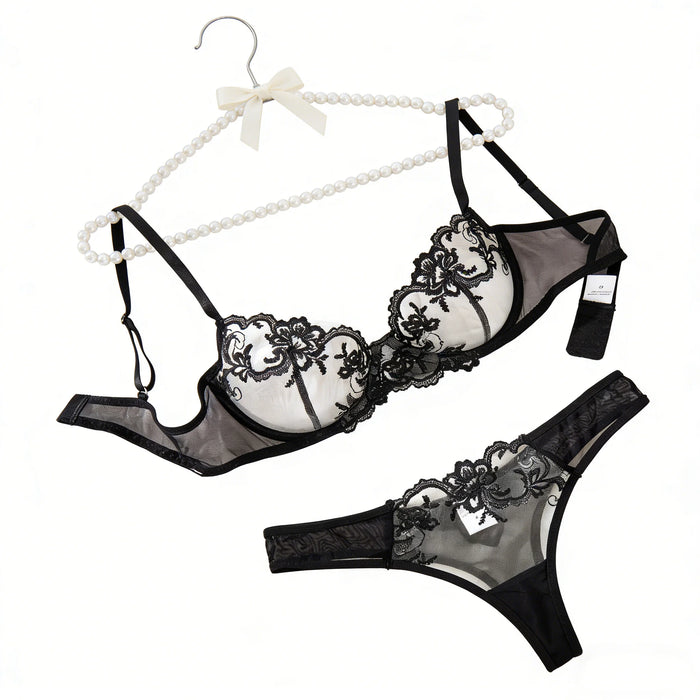 Black Floral Embroidered Lingerie Set