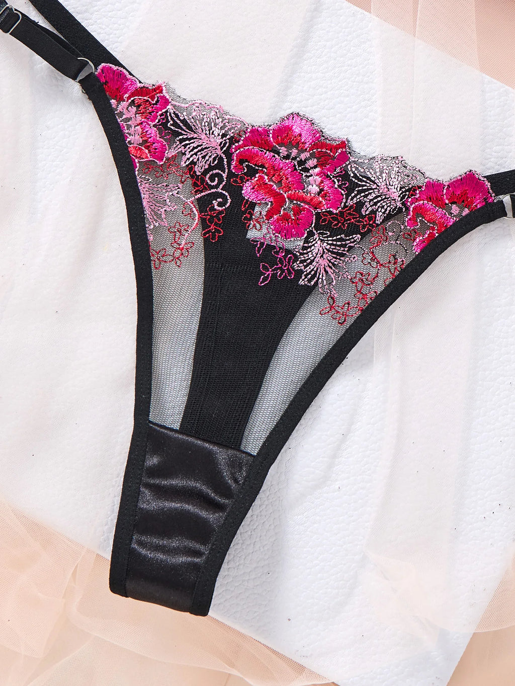 Hot Pink Floral Embroidered Bra & Thong Set