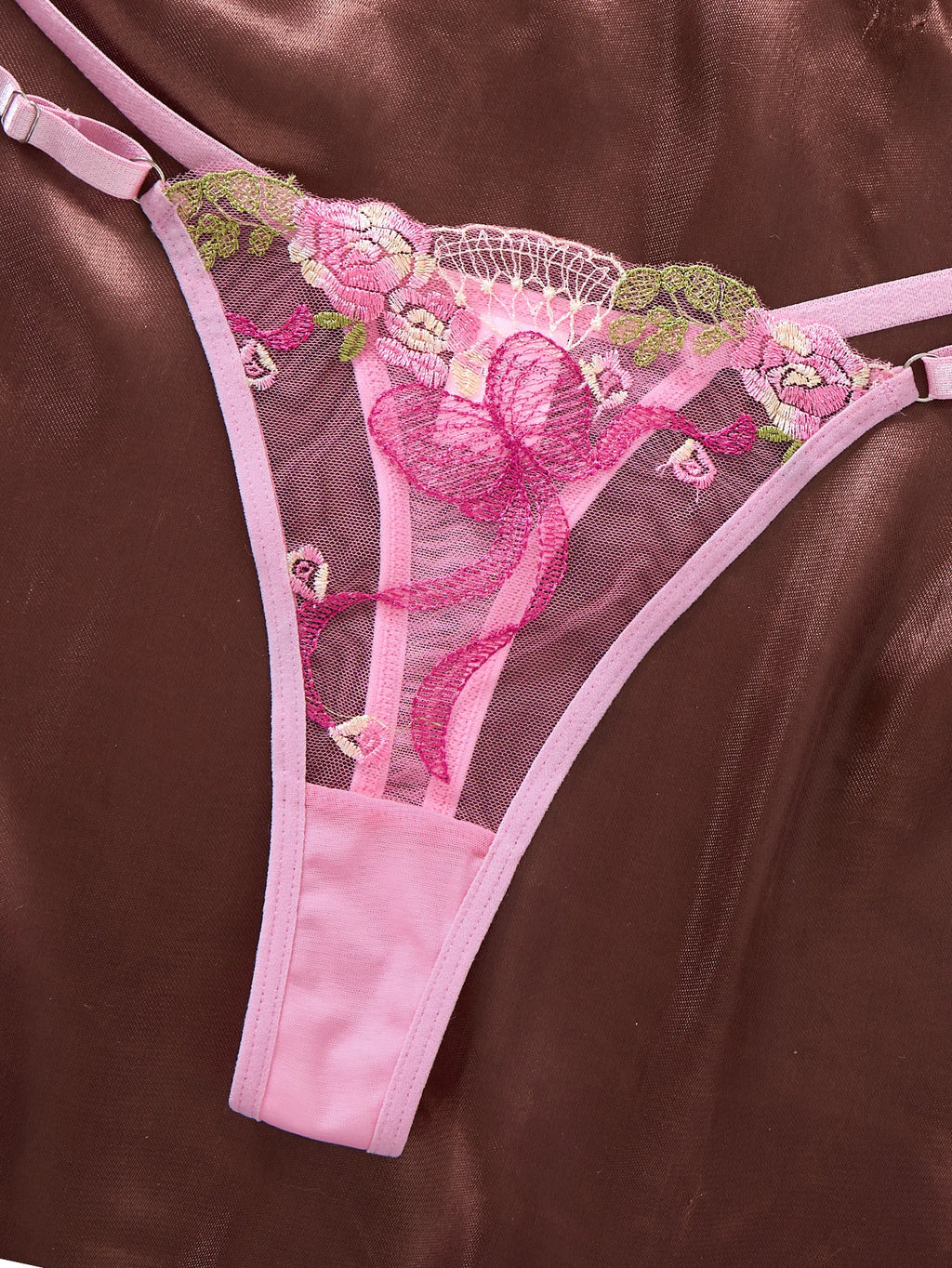 Pink Butterfly Embroidered Bra & Thong Set