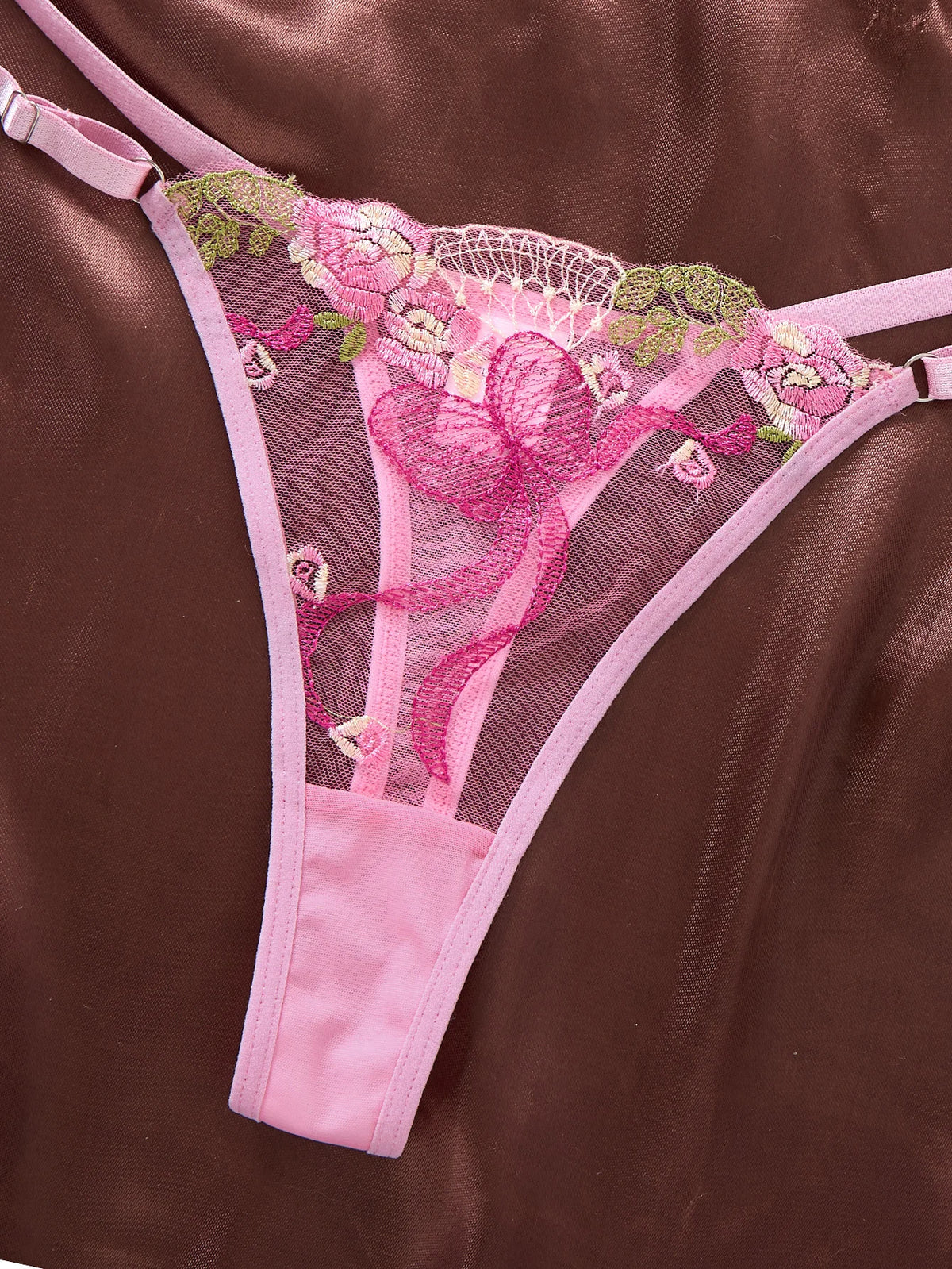 Pink Floral Embroidered Bra & Brief Set