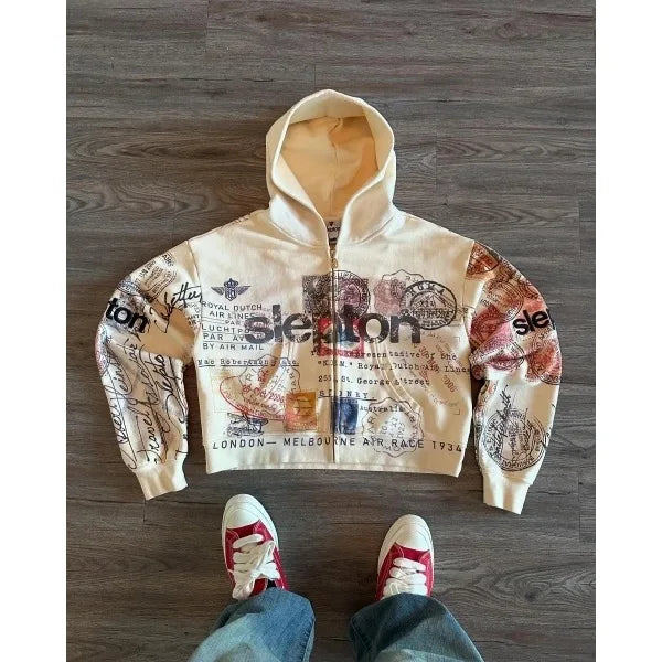 Retro Y2K Graphic Zip-Up Hoodie