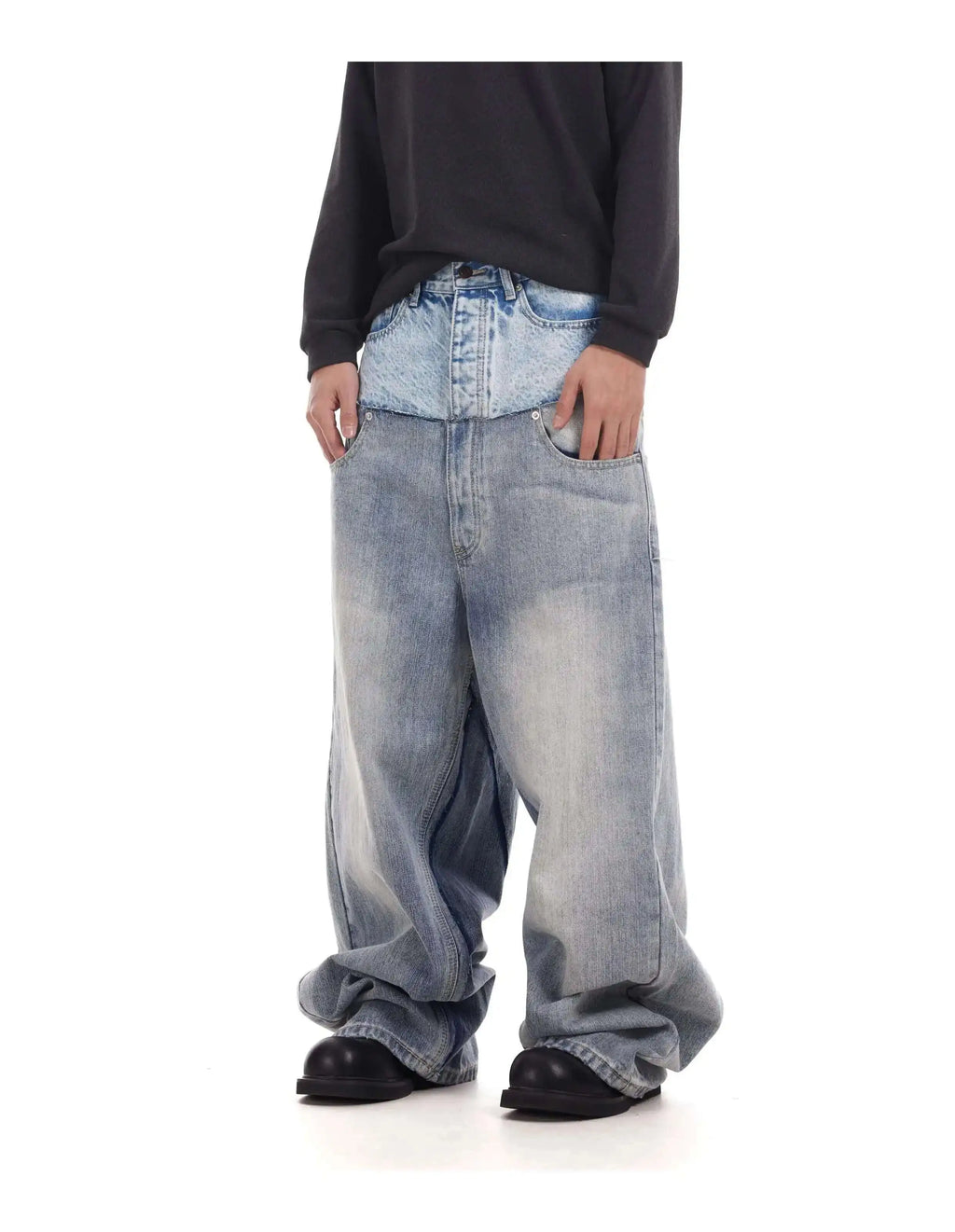 PFNW Niche Colorblock Patchwork Wide Leg Blue Jeans Men's Spring 2025 New Straight Double Waist Design Denim Trousers 28W6048