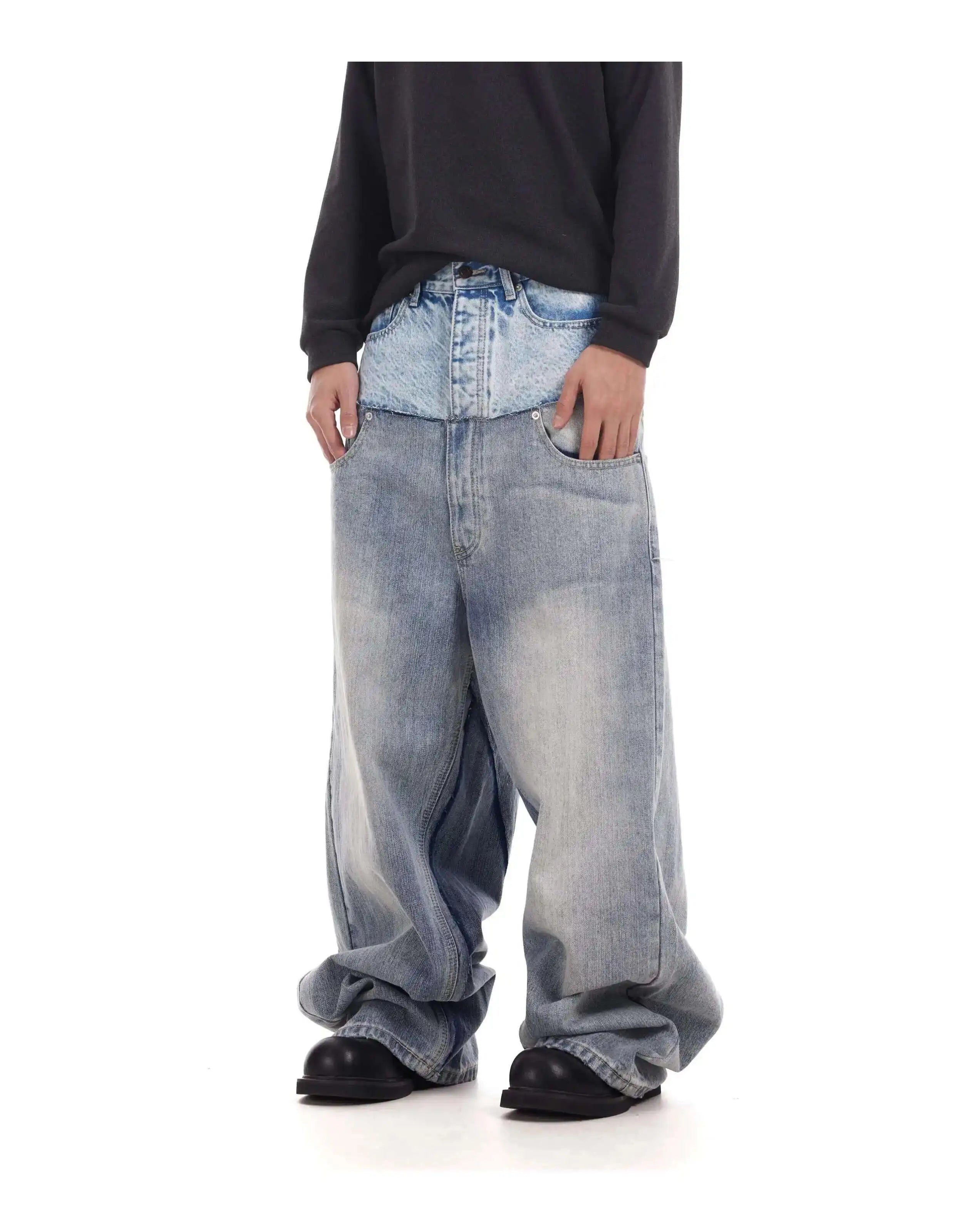 PFNW Niche Colorblock Patchwork Wide Leg Blue Jeans Men's Spring 2025 New Straight Double Waist Design Denim Trousers 28W6048