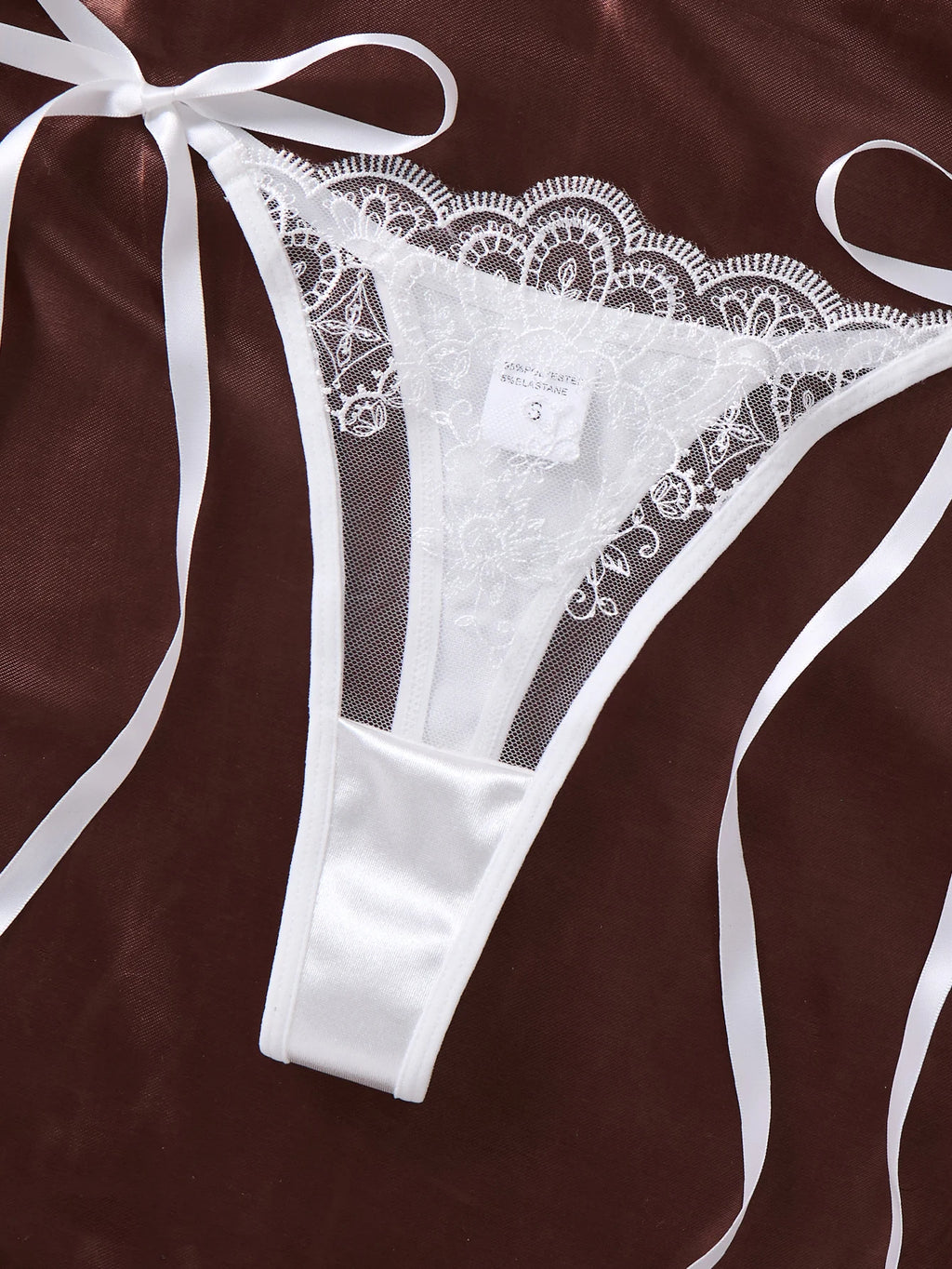 White Floral Embroidered Mesh Bra & Thong Set