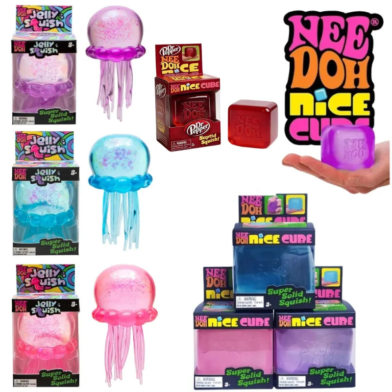 Schylling Nee Doh Jellyfish & Cube Squish Toy, Soft Jelly Squeeze Stress Relief Fidget Toy, Sensory NeeDoh for Kids & Adults