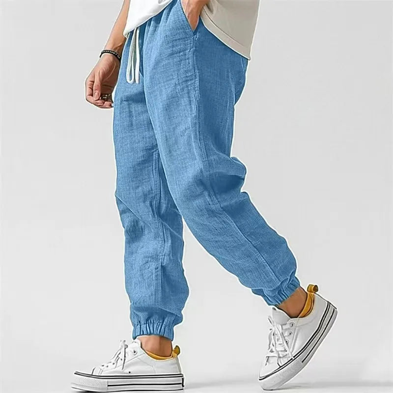 Men's Casual Pants Daily Wear Solid Summer Full Length Soft Linen Pants Mid Waist Pocket Drawstring Trousers Streetwear Bottoms