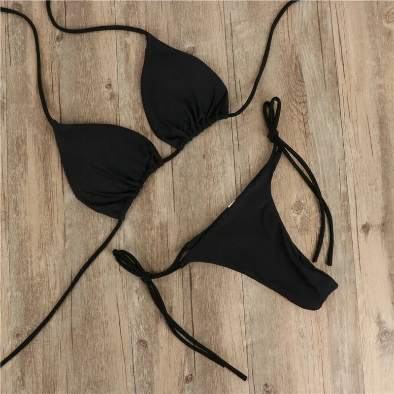 Summer Sexy Solid Mirco Bikini Sets Women Tie Side G-String Thong Swimsuit Female Bandage Bathing Suit Brazlian Swimwear Biquini