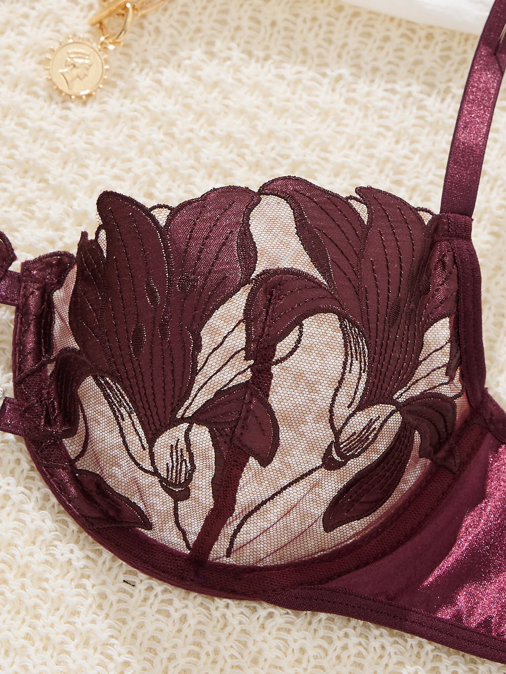 Purple Floral Embroidered Bra & Thong Set