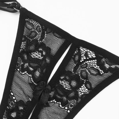 Women Black Panty With Garters Sexy Lingeries Hollow Out Low Waist Ring Buckles Underwear See-Through Lace Mesh Thongs трусы