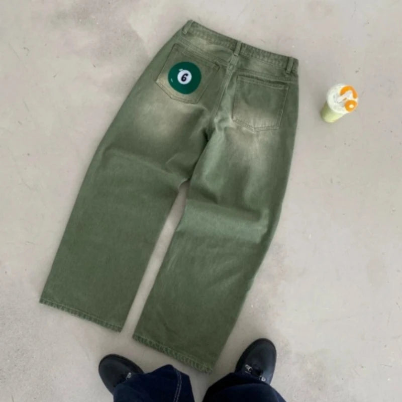 Y2K Retro Matcha Denim Jeans Washed Billiard Embroidered Denim Pants London Fashion New York Style Streetwear Unisex Baggy Jeans