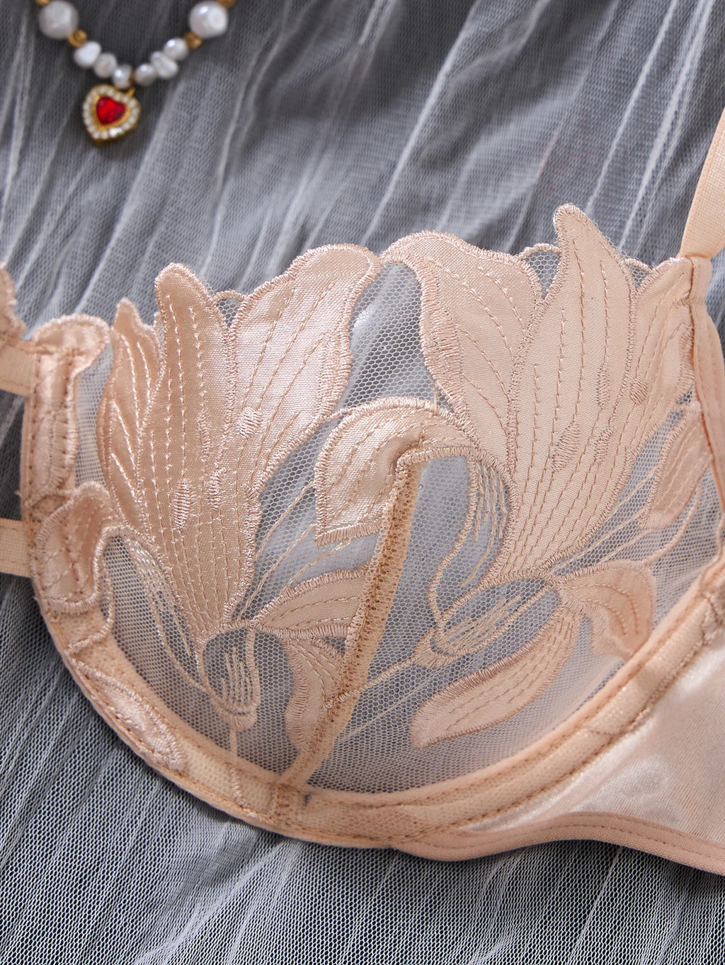 Champagne Floral Embroidered Bra & Thong Set