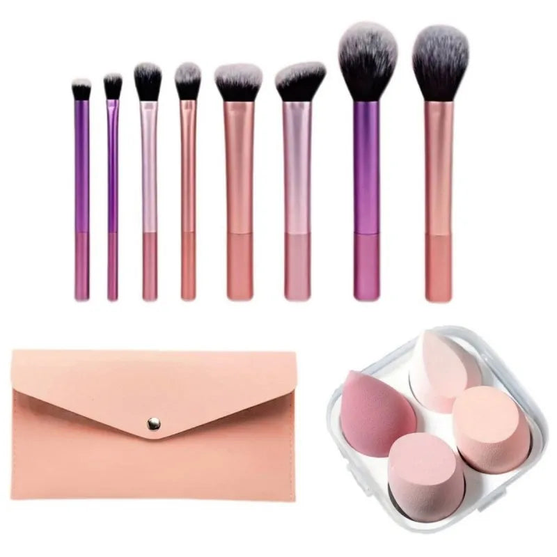 8pcs multi-color long tube makeup brush set +4pcs pink boxed beauty eggs +1pc pink storage bag,Suitable as a gift for friends