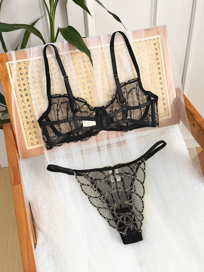 Women's Black Lace Gold-Chain Bra & G-String Set