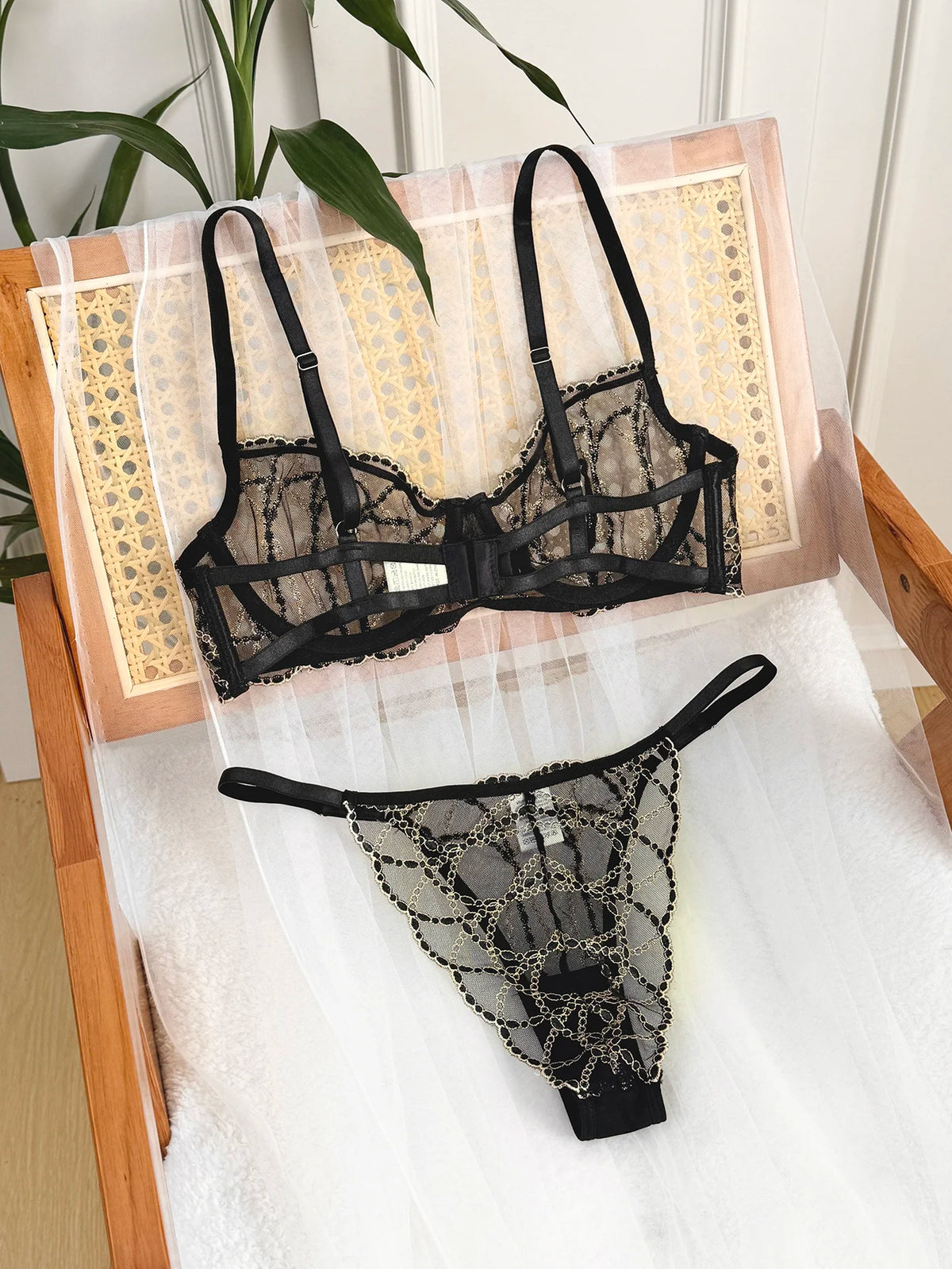 Women's Black Lace Gold-Chain Bra & G-String Set