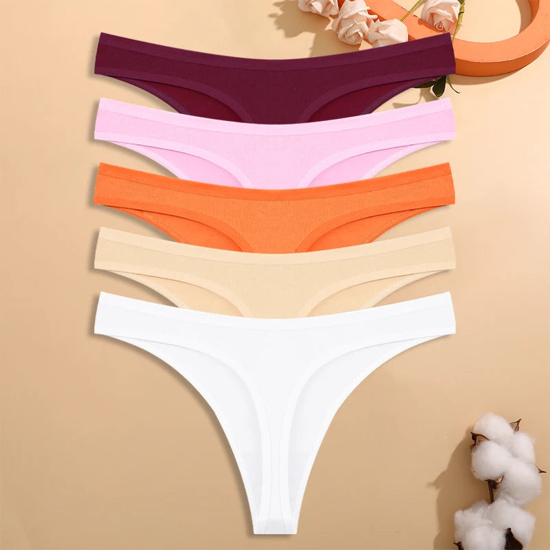 5PCS/Set Women Cotton Thongs Seamless Low Rise Underwear Sexy V-Waist Breathable T-Back Solid Color Girls Comfortable Lingerie