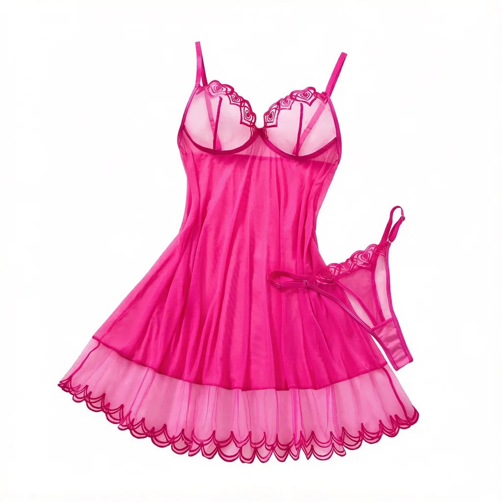 Women's Hot Pink Lace Mesh Nightgown Set