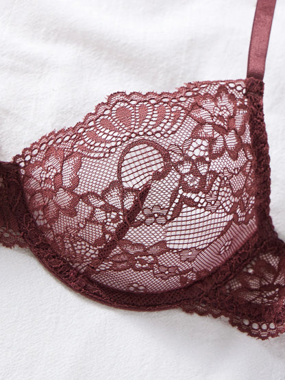 Women's Brown Lace Deep-V Bra & G-String Set