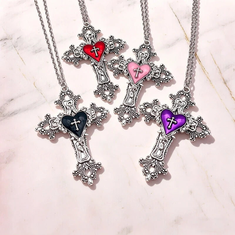 Y2K Gothic Big Cross Necklace Pink Black Red Heart Irregular Goth Large Cross Pendant Necklaces for Men Women Couple Jewelry