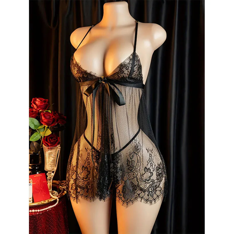 Suspender Underwear Front Open Lace-Up Dress Sexy Clothes For hot Women Lace Black Plus Size Nightgowns Open Lingerie Skirt Set