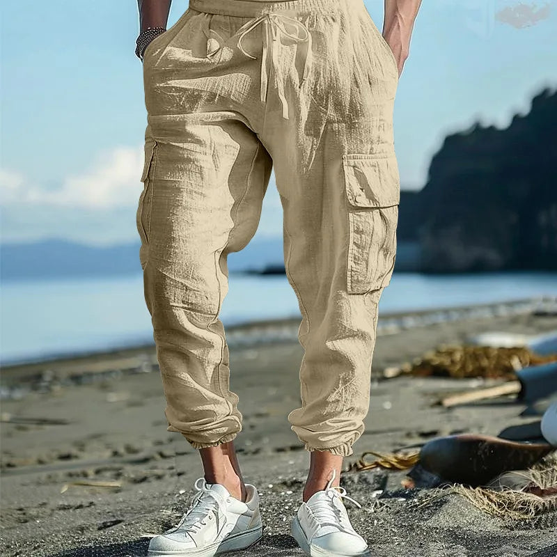 Amazon Cross-Border Cotton and Linen Tied Feet Multi-Pocket Tether Solid Color Loose Drawstring Trousers