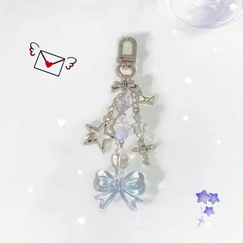 Y2K Bow Star Wing Couple Keychain Cute Blue Bowknot Heart Pendant Key Chain Purple Butterfly Beaded  Phone Charm Bag Keyring