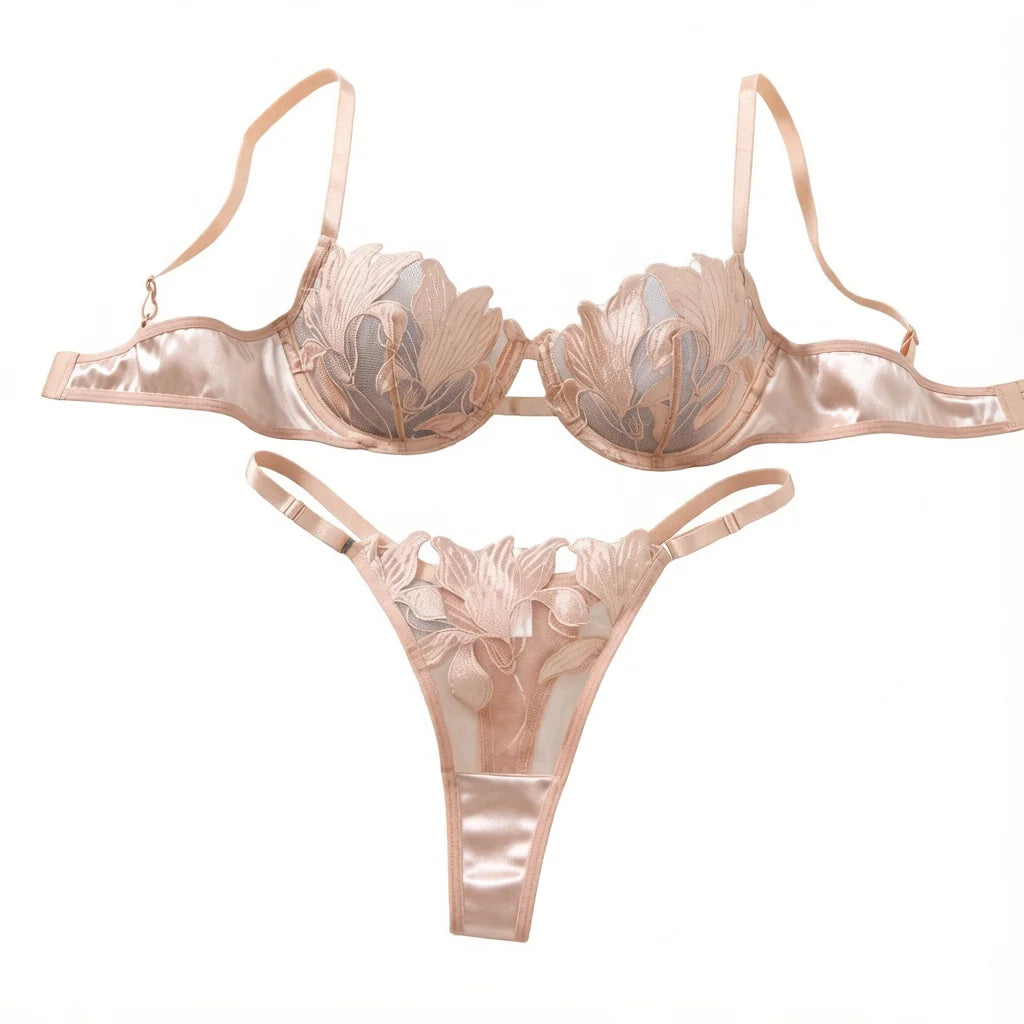 Champagne Floral Embroidered Bra & Thong Set