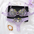 Women's Purple Floral Embroidered Bra & Brief Set