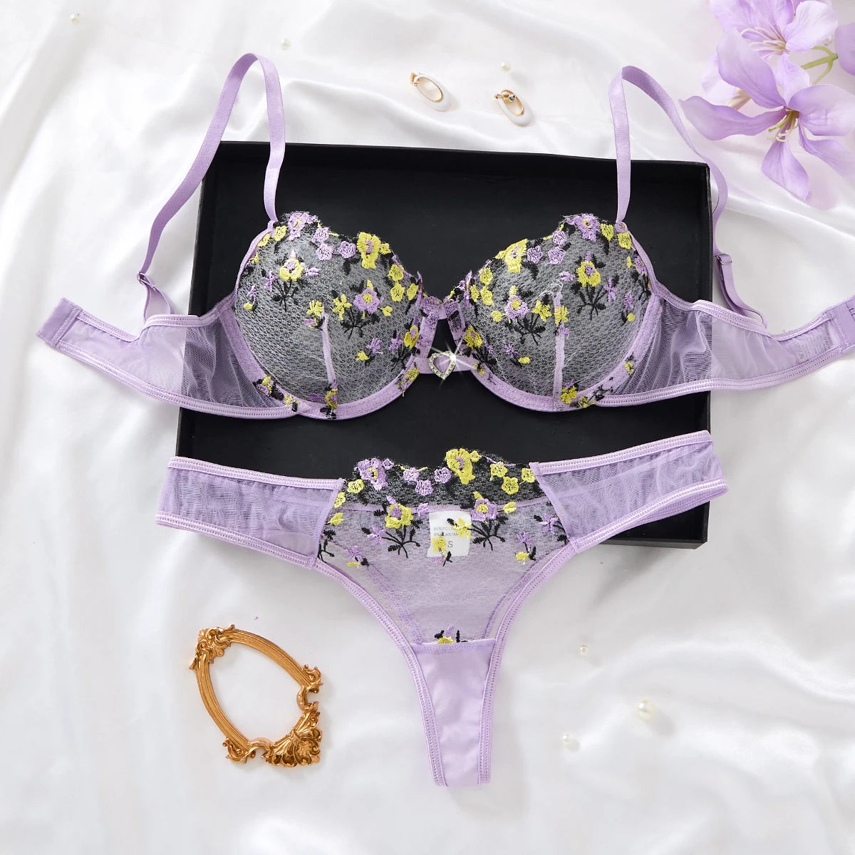 Women's Purple Floral Embroidered Bra & Brief Set