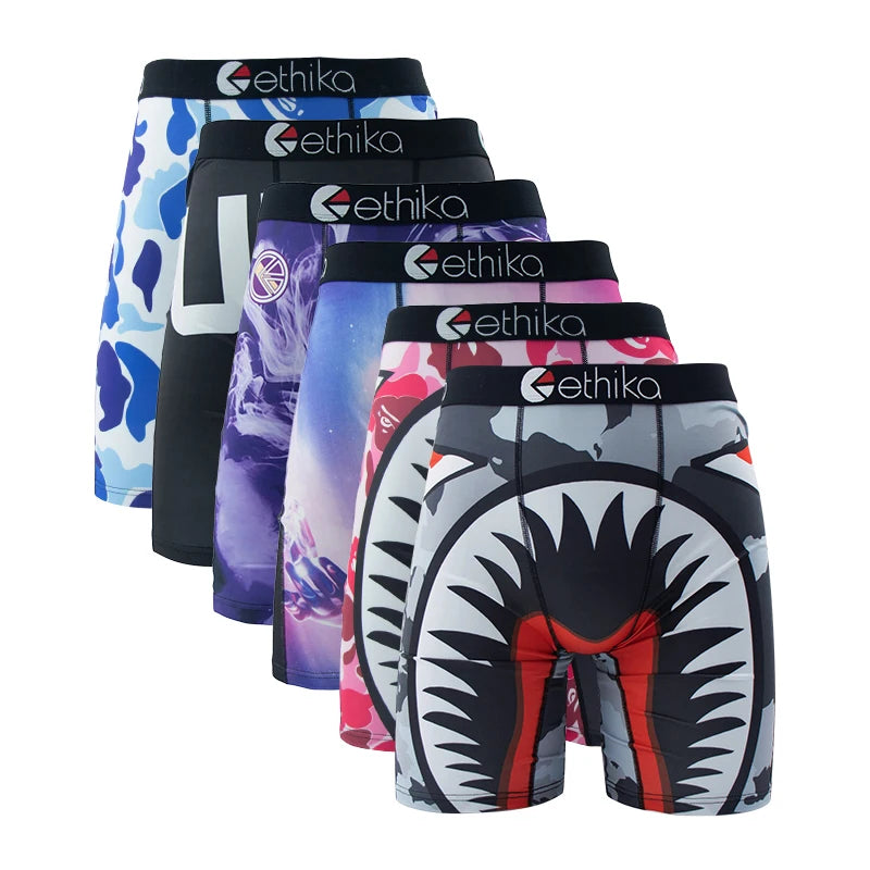 ETHIKA 6Pcs Men Underwear Boxers Breathable Man Swimming Underpants Plus Size Print Mens Panties Trunks Sexy Men's Boxershorts
