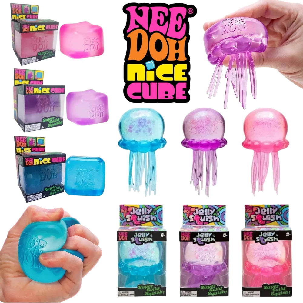 Schylling Nee Doh Jellyfish & Cube Squish Toy, Soft Jelly Squeeze Stress Relief Fidget Toy, Sensory NeeDoh for Kids & Adults