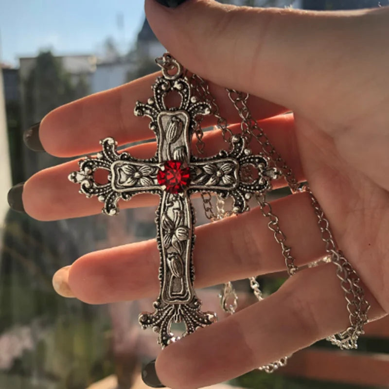 Gothic Big Zircon Cross Necklace Unisex Y2K Irregular Goth Large Cross Pendant Necklaces  for Men Women Couple Necklace Jewelry