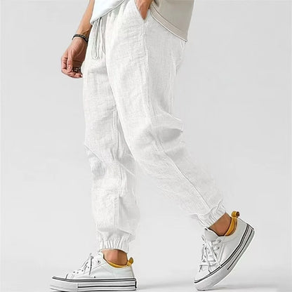 Men's Casual Pants Daily Wear Solid Summer Full Length Soft Linen Pants Mid Waist Pocket Drawstring Trousers Streetwear Bottoms