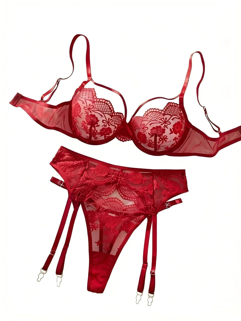 Women's Red Lace Embroidered 3-Piece Lingerie Set