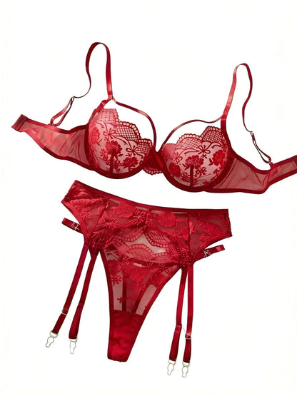 Women's Red Lace Embroidered 3-Piece Lingerie Set