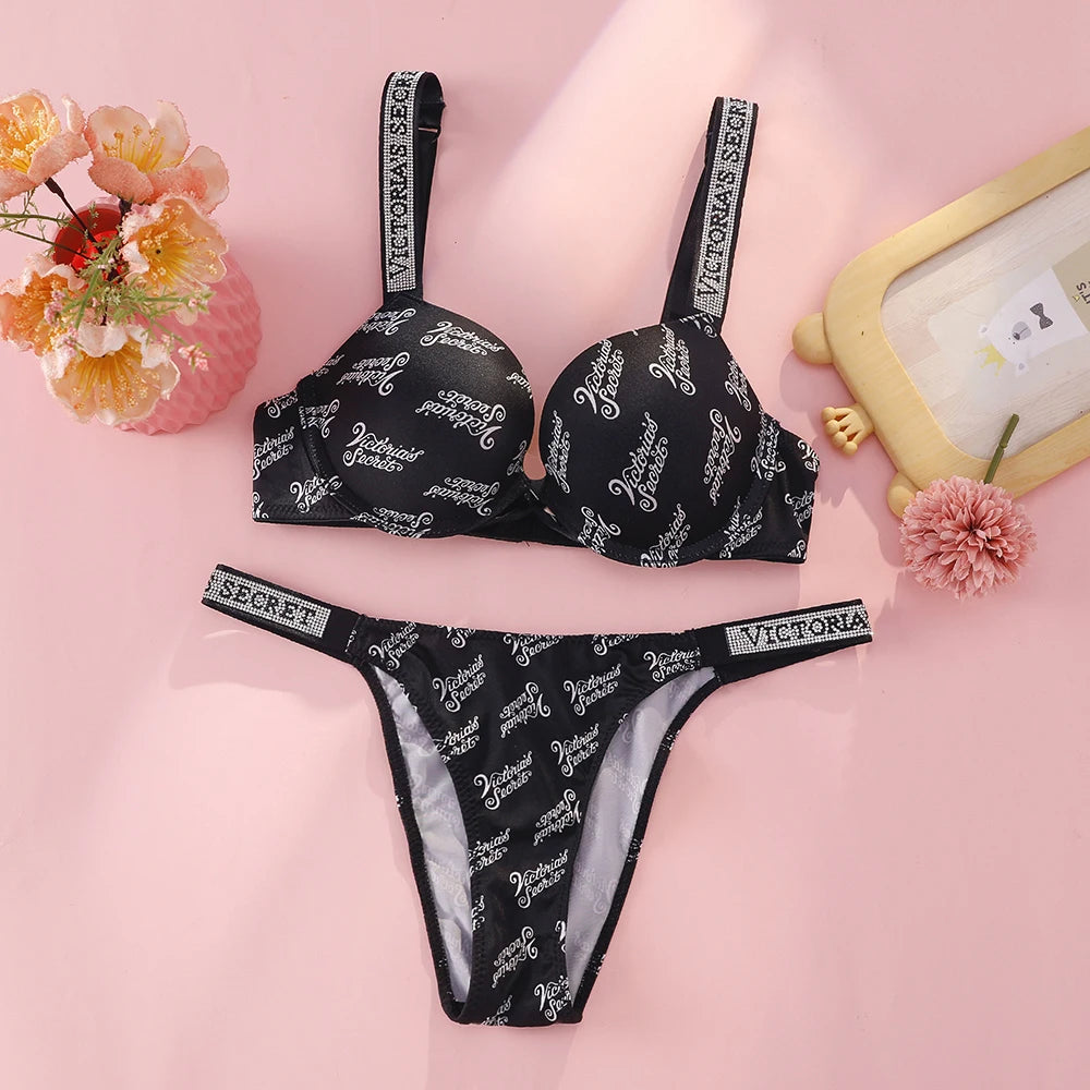 Victoria Secret Hot Sexy Lingerie Set Very Sexy Logo Shine Strap Tropical Floral Push Up Bra Shine Script Thong Panty