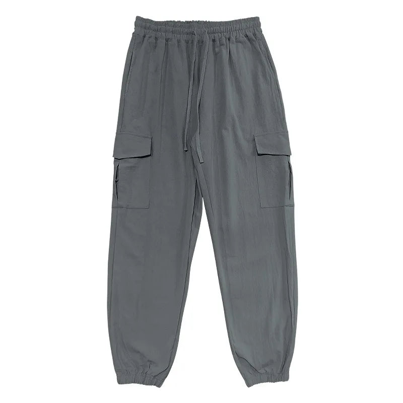 Amazon Cross-Border Cotton and Linen Tied Feet Multi-Pocket Tether Solid Color Loose Drawstring Trousers