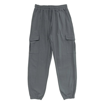 Amazon Cross-Border Cotton and Linen Tied Feet Multi-Pocket Tether Solid Color Loose Drawstring Trousers