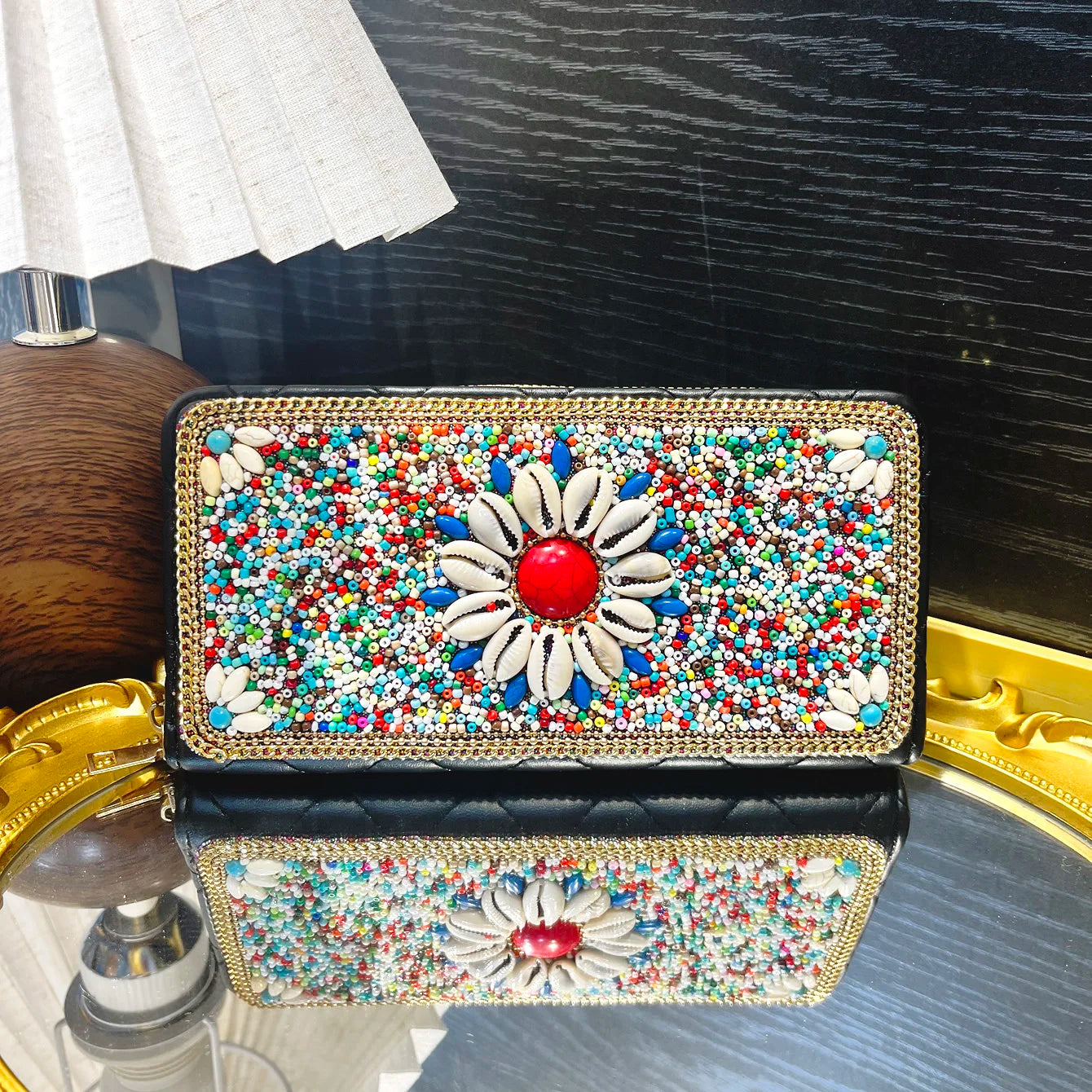 Women's Boho Seed Bead Flower Long Purse – Rhinestone Zipper Clutch, Black