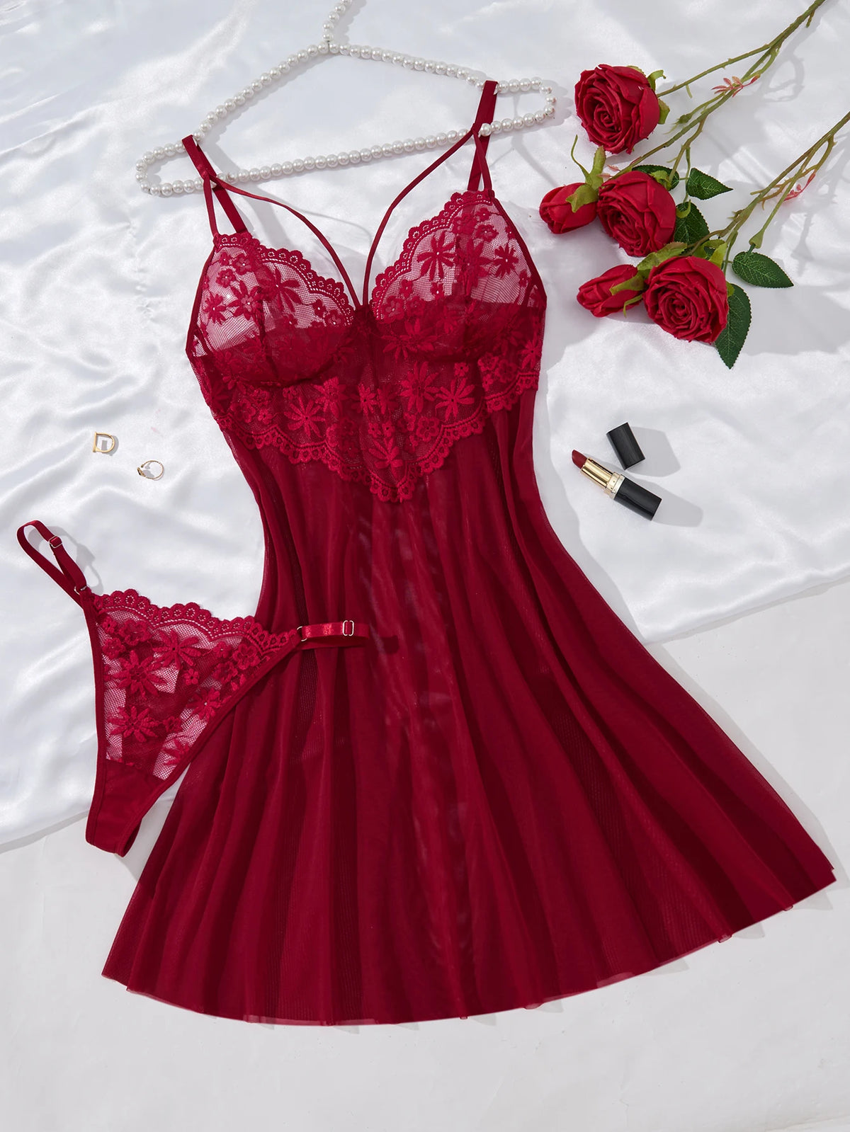 Wine Red Lace Mesh Nightgown Set