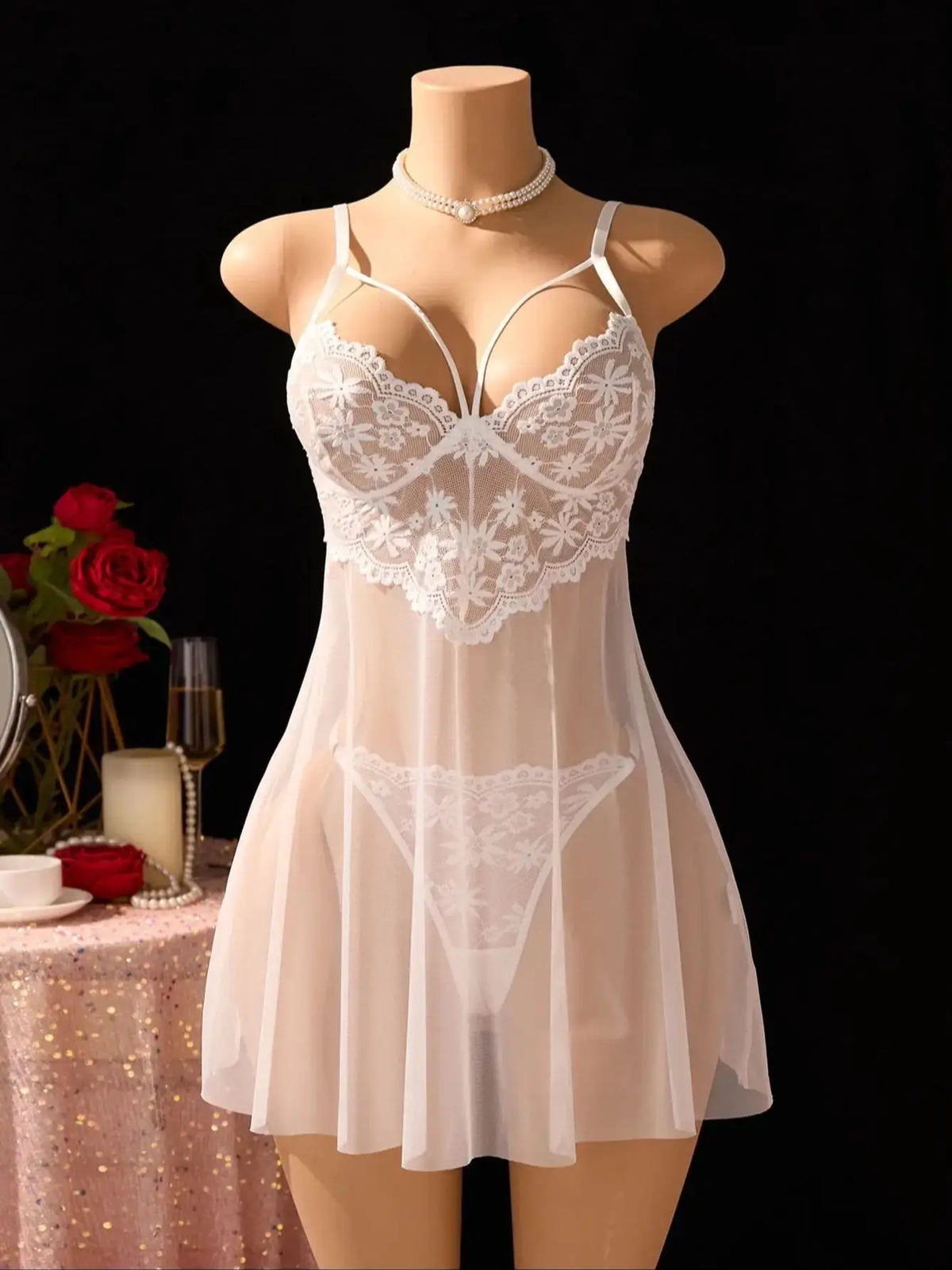 White Daisy Floral Lace Nightgown Set