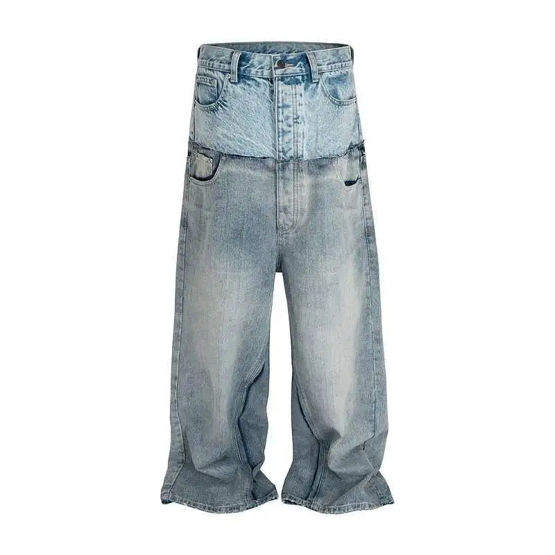 PFNW Niche Colorblock Patchwork Wide Leg Blue Jeans Men's Spring 2025 New Straight Double Waist Design Denim Trousers 28W6048
