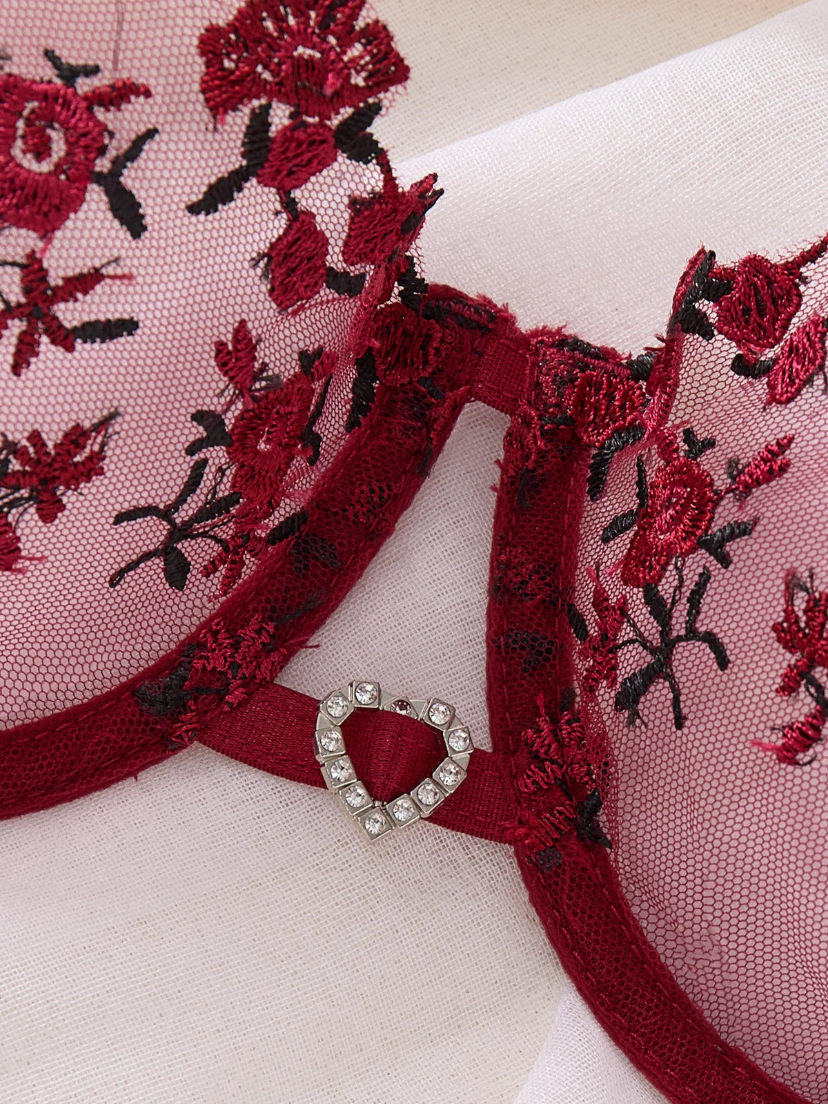 Wine Red Floral Embroidered Bra & Thong Set