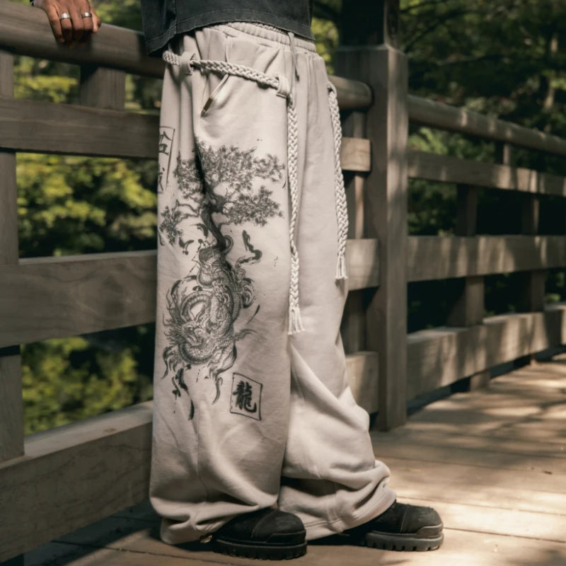 Y2K Retro Sweatpants Dragon Elm Bonsai Grunge Wash Braided Rope Belt Pants Grey Trend Chinese Streetwear Unisex Baggy Trousers