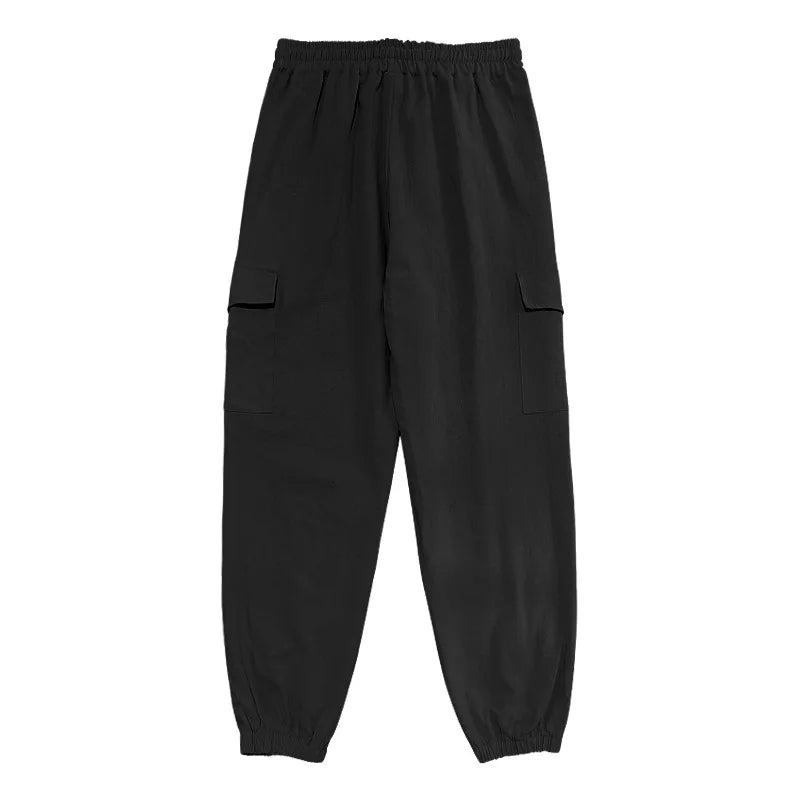 Amazon Cross-Border Cotton and Linen Tied Feet Multi-Pocket Tether Solid Color Loose Drawstring Trousers