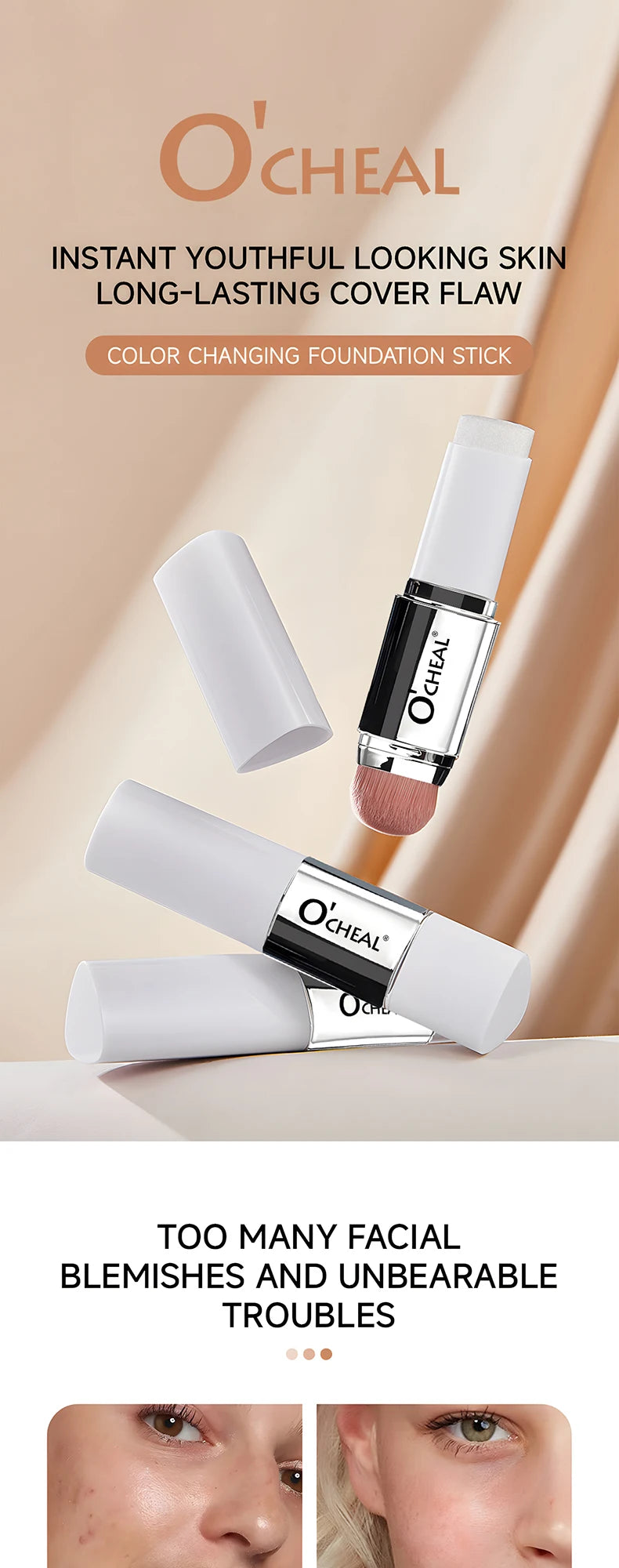 O'CHEAL Temperature Changing Foundation Stick Facial Coverage Blemishes Pores Double-Headed Face Matte Makeup Foundation Cream