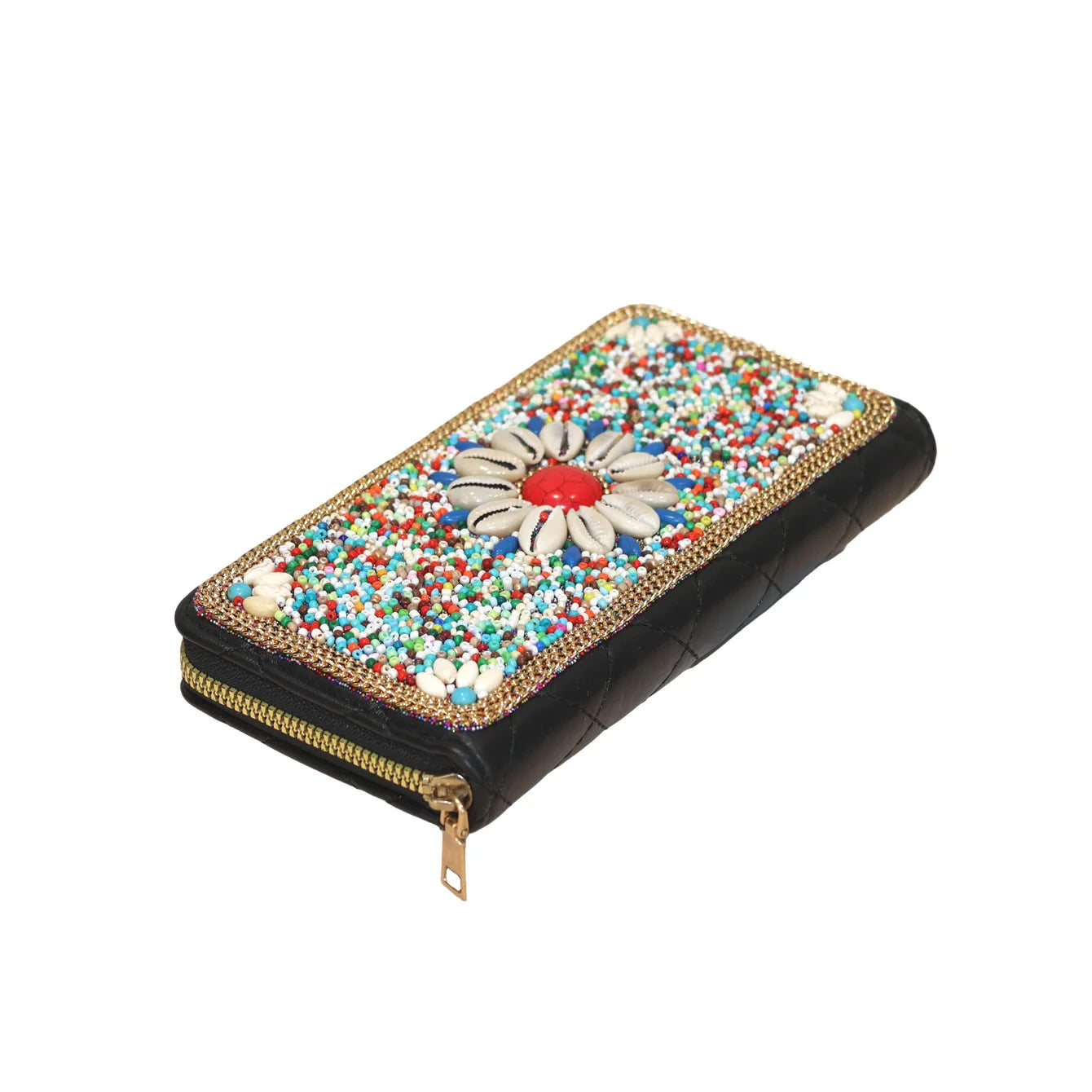 Women's Boho Seed Bead Flower Long Purse – Rhinestone Zipper Clutch, Black