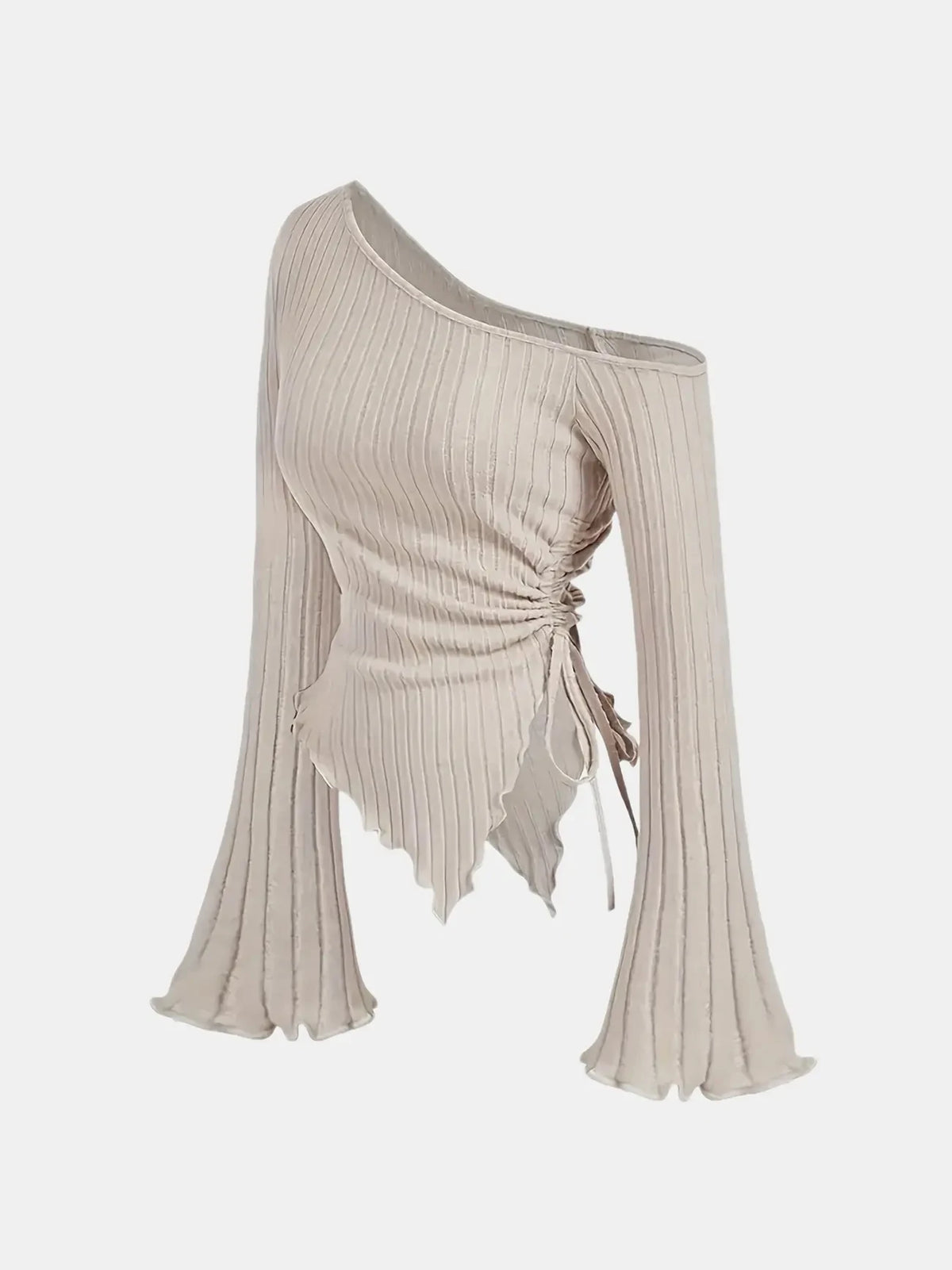 Women's Off-Shoulder Cross Long-Sleeved Slim Fit T-Shirt Asymmetrical Street Style Casual Elegant Top with Trumpet Sleeves