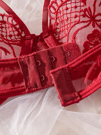 Women's Red Lace Embroidered 3-Piece Lingerie Set
