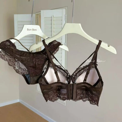 Sexy Lace Breathable Lingerie Set French-Style Small-Bust Support Bra Anti-Sagging & Side-Boob Control Soft Underwire Bra Set